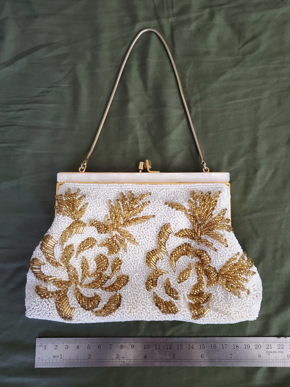 Vintage White Gold Beaded Embroidery Evening Bag 1960s Purse Fashion